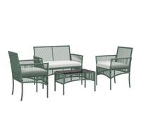 Outsunny Salon de Jardin Extérieur 4 Pièces Métal et Résine Tressée Vert | Canapé 2 Places, 2 Fauteuils, 1 Table Basse Plateau Verre Trempé Noir, 3 Coussins d'Assise