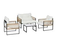 Outsunny Salon de Jardin extérieur 4 pièces mobilier de Jardin canapé 2 Places 2 fauteuils et 1 Table Basse Plateau Verre trempé 3 Coussins Acier et résine tressée - crème