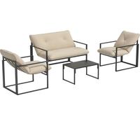 Outsunny Salon de jardin extérieur 4 pièces pour 4 personnes avec canapé 2 places, 2 fauteuils et 1 table basse 3 coussins mobilier de jardin pour terrasse jardin - acier noir polyester beige