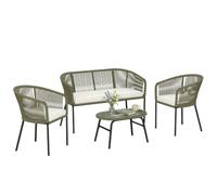 Outsunny Salon de Jardin Extérieur 4 Places PP Rond Tressé Balcon Crème | Canapé 2 Places, 2 Fauteuils, Table Basse Verre Trempé, Mobilier de Jardin Terrasse, Coussins Déhoussables