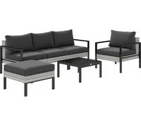 Outsunny Salon de jardin extérieur 5 personnes, salon de balcon en résine tressée avec fauteuils, pouf et table basse, coussins déhoussables inclus, charge 120 kg, gris clair
