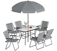 Outsunny Salon de Jardin extérieur 8 pièces, Table, 6 Chaises Gris | Parasol, Plateau en Verre Trempé, Structure en Acier Anti-Rouille, Mobilier de Jardin, Terrasse