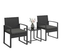 Outsunny Salon de Jardin Extérieur en Résine Tressée 2 Personnes Noir | Table de Jardin Extérieure avec 2 Chaises, Plateau en Verre Trempé et Coussins, Mobilier pour Balcon Terrasse Patio