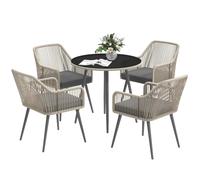 Outsunny Salon de Jardin Extérieur en Résine Tressée 4 Places, Marron | Table et Chaises de Jardin Extérieur avec Coussins, Table Ronde en Verre, pour Terrasse Patio Balcon