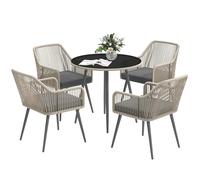 Outsunny Salon de Jardin extérieur en résine tressée 4 Places, Table et chaises de Jardin extérieur avec Coussins et Table Ronde en Verre, pour terrasse, Patio, Balcon, Marron