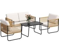 Outsunny Salon de jardin extšŠrieur 4 personnes, salon de balcon en ršŠsine tressšŠe avec canapšŠ 2 places, fauteuils et table basse en verre trempšŠ, coussins dšŠhoussables inclus, crššme