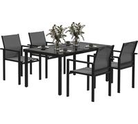 Outsunny Salon de jardin extšŠrieur 4 personnes, table de jardin extšŠrieure avec 4 chaises empilables, plateau en verre trempšŠ 140 cm, mobilier de jardin, terrasse, porche, noir