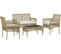 Outsunny Salon de jardin extšŠrieur 4 piššces canapšŠ 2 places + 2 fauteuils + 1 table basse plateau verre trempšŠ noir 3 coussins d'assise - mšŠtal et ršŠsine tressšŠe - beige
