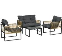 Outsunny Salon de jardin extšŠrieur 4 piššces mobilier de jardin canapšŠ 2 places 2 fauteuils et 1 table basse plateau verre trempšŠ 3 coussins acier et ršŠsine tressšŠe - gris
