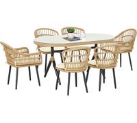 Outsunny Salon de jardin extšŠrieur en ršŠsine tressšŠe 6 places ensemble de salle š€ manger - 1 table rectangulaire et 6 chaises avec coussins - plateau en verre trempšŠ, cadre en acier, bois naturel