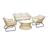 Outsunny Salon de jardin 4 piššces en ršŠsine tressšŠe canapšŠ 2 places + 2 fauteuils + 1 table basse plateau verre trempšŠ 7 coussins - structure en acier - sable et crššme