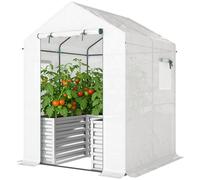 Outsunny Serre à tomates en film avec bac surélevé Porte enroulable Fenêtres Toit en pente 141 x 141 x 190 cm Blanc
