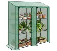 Outsunny Serre adossée Mini, Couverture Plastique, 143x46x151cm, Vert | Renforcée, portable, serre intérieure/extérieure, 2 portes enroulables, 3 niveaux, 6 étagères en fil métallique