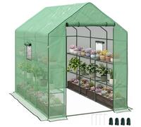 Outsunny Serre avec accès 3 Niveaux 12 étagères 140 x 213 x 190 cm Vert | Petite serre de jardin, couverture PE renforcée, porte enroulable, 3 fenêtres mesh