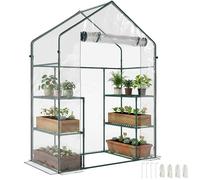 Outsunny Serre de Jardin avec étagère 4 Niveaux 142 x 73 x 195 cm Plastique Haute densité 140 g/m² Anti-UV avec Porte déroulante Transparent Vert