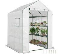 Outsunny Serre de Jardin PE avec Étagères 3 Niveaux 140x143x190cm Blanc | Serre d'Extérieur, Bâche Renforcée 135 g/m² Anti-UV, Châssis en Acier, Portes Zippées Enroulables, Fenêtres en Maille