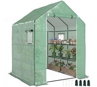 Outsunny Serre de Jardin PE avec Étagères 3 Niveaux 140x143x190cm Vert | Serre d'Extérieur, Bâche Renforcée 135 g/m² Anti-UV, Châssis en Acier, Portes Zippées Enroulables, Fenêtres en Maille