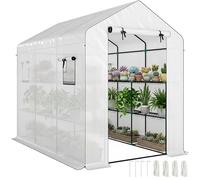 Outsunny Serre de Jardin PE avec étagères 3 Niveaux, Serre d'extérieur avec bâche renforcée 135 g/m² Anti-UV, châssis en Acier, Portes zippées enroulables et fenêtres en Maille, 143x215x190cm, Blanc