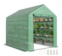 Outsunny Serre de Jardin PE Étagères 4 Niveaux 244 x 180 x 210 cm Vert | 4,39 m², Serre de Balcon, Bâche Renforcée 140 g/m², Châssis en Acier, Porte Zippée Enroulable, pour Légumes Plantes Fleurs