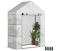 Outsunny Serre d'extérieur avec 2 étagères, porte enroulable avec fermeture éclair, cadre en acier et revêtement en polyéthylène 140 g/㎡ pour cultures, plantes, fleurs, 143 x 73 x 195 cm, blanc