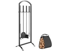 Outsunny Serviteur de Cheminée 6 Pièces Ensemble Outils de Cheminée Noir | Sac à Bûches, Brosse, Pelle, Tisonnier, Pince, Support, pour Intérieur, Extérieur, Maison, Jardin