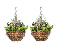 Outsunny Set 2 Piante Finte di Lisianthus avec Pot et Crochet, Plantes Artificielles en PE et Osier, Ø25x34 cm, Vert et Rose