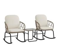 Outsunny Set 3 fauteuils Bascule rotin, Table Basse, Coussins, crème | Ensemble de jardin avec 2 fauteuils à bascule, pour balcon et terrasse.