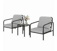 Outsunny Set bistro 3 pièces en acier avec 2 chaises à coussins épais, table basse avec plateau en verre trempé Noir
