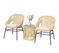 Outsunny Set bistrot 3 pièces en rotin et acier avec 2 chaises, table ronde avec plateau en verre trempé, Beige