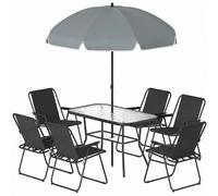 Outsunny Set de Jardin 8 pz avec Parasol, 6 Chaises Pliantes et Table d'Extérieur en Verre Trempé, Noir