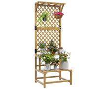 Outsunny Support plantes intérieur porte plante à deux niveaux avec treillis pour jardin et terrasse en bois massif jaune