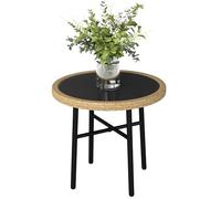 Outsunny Table Basse Ronde de Jardin en Résine Aspect Rotin, Acier et Plateau Verre Trempé Ø 46 cm, Table d'Appoint pour Salon, Balcon, Piscine, Naturel