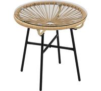 Outsunny Table basse ronde de jardin en ršŠsine aspect rotin mšŠtal et plateau verre trempšŠ ? 50 x 50 cm beige