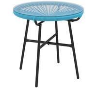Outsunny Table Basse Ronde de Jardin Extérieur Ø 50 x 50 cm Bleu | Résine Aspect Rotin, Métal, Plateau Verre Trempé