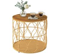 Outsunny Table d'appoint Ø50 cm résistante aux intempéries, table de jardin aspect rotin, plateau en bois d'acacia, pieds réglables Teck