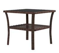 Outsunny Table d'appoint en résine tressée 2 niveaux 50x50x45cm, table basse de jardin carrée plateau en verre trempé, marron