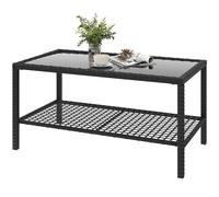 Outsunny Table de Jardin en Rotin Table d'Appoint avec Étagère Plateau en Verre Trempé Structure en Acier 92x50x45 cm Noir