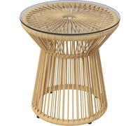 Outsunny Table de jardin ronde en ršŠsine tressšŠe imitation rotin, table de bistrot en mšŠtal, table d'appoint plateau en verre trempšŠ ? 40 cm, pour terrasse, jardin, beige