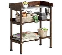Outsunny Table de jardinage en bois avec plateau métallique, étagères et crochets pour jardin terrasse 76x37x89 cm carbonisé