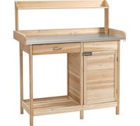 Outsunny Table de rempotage table de jardinage avec 2 šŠtagššres, tiroir, placard, plateau t?le acier galvanisšŠ avec rebord, 3 crochets - table de plantation bois sapin