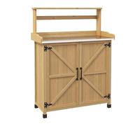 Outsunny Table de Rempotage, Table de Jardinage Style Rustique avec Placard et Étagères et Plateau Galvanisé, Patins Antidérapants, en Bois Sapin Pré-Huilé, Dim. 90,5L x 41l x 124,5H cm, Jaune
