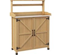 Outsunny Table de rempotage table de jardinage style rustique avec placard et šŠtagššres et plateau galvanisšŠ patins antidšŠrapants en bois sapin pršŠ-huilšŠ dim. 90,5L x 41l x 124,5H cm jaune