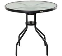 Outsunny Table bistro ronde de jardin Ø80 x 72 cm Acier époxy Noir Plateau verre trempé Trou parasol