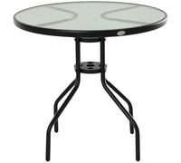 Outsunny Table bistro ronde de jardin Ø80 x 72 cm Acier époxy Noir Plateau verre trempé Trou parasol
