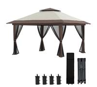 Outsunny Tonnelle de jardin extšŠrieur barnum de jardin pop-up tente pliant 4 x 4 m double toit protection UV 50+ 4 moustiquaires, 4 sacs de sable, 1 sac de transport tissu Oxford mšŠtal beige et marr