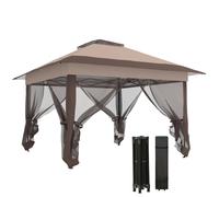 Outsunny Tonnelle de Jardin Extérieur Pliante 3,6x3,6m Kaki Marron | Double Toit, Acier Polyester, Moustiquaires, Sac de Transport à Roulettes