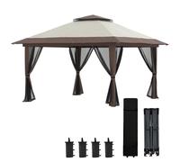 Outsunny Tonnelle de jardin extšŠrieur barnum de jardin pop-up tente pliant 4 x 4 m double toit protection UV 50+ 4 moustiquaires, 4 sacs de sable, 1 sac de transport tissu Oxford mšŠtal beige et marr