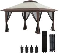 Outsunny Tonnelle de jardin extšŠrieur barnum de jardin pop-up tente pliant 4 x 4 m double toit protection UV 50+ 4 moustiquaires, 4 sacs de sable, 1 sac de transport tissu Oxford mšŠtal beige et marr