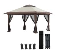 Outsunny Tonnelle de jardin extšŠrieur barnum de jardin pop-up tente pliant 4 x 4 m double toit protection UV 50+ 4 moustiquaires, 4 sacs de sable, 1 sac de transport tissu Oxford mšŠtal beige et marr