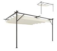 Outsunny Tonnelle pergola addoxée 3 x 4 m avec toit rétractable coulissant, trous de drainage, tonnelle de jardin en polyester et acier, pour patio, terrasse, extérieur, UV30+, blanc crème